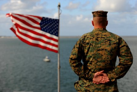 US Navy 120214-N-MJ645-014 Sailors and Marines aboard USS Bonhomme Richard (LHD-6) man the rails as the ship leaves San Diego