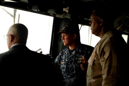 US Navy http-www.navy.mil-management-photodb-photos-100531-N-3358S-186 Cmdr. Larry LeGree, center, commanding officer of the amphibious transport dock ship USS Mesa Verde (LPD 19),