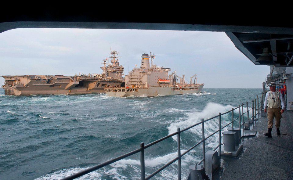 US Navy 120213-N-VY256-024 The Military Sealift Command fleet replenishment oiler USNS Patuxent (T-AO 201) transfers fuel to the Nimitz-class aircr
