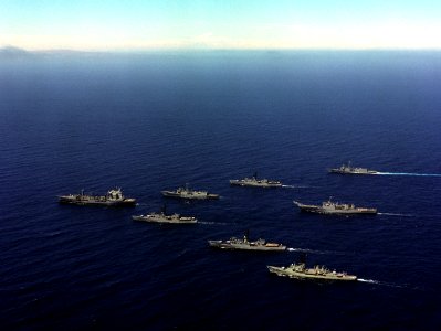 US Navy ships in parade formation c1987