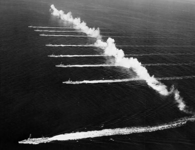 US Navy Destroyer Squadron 20 steams through a smokescreen off San Diego on 14 September 1936