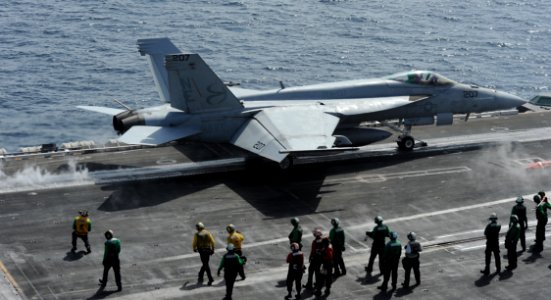 US Navy 120216-N-VO377-349 An F-A-18E Super Hornet assigned to the Kestrels of Strike Fighter Squadron (VFA) 137 launches from the flight deck of t