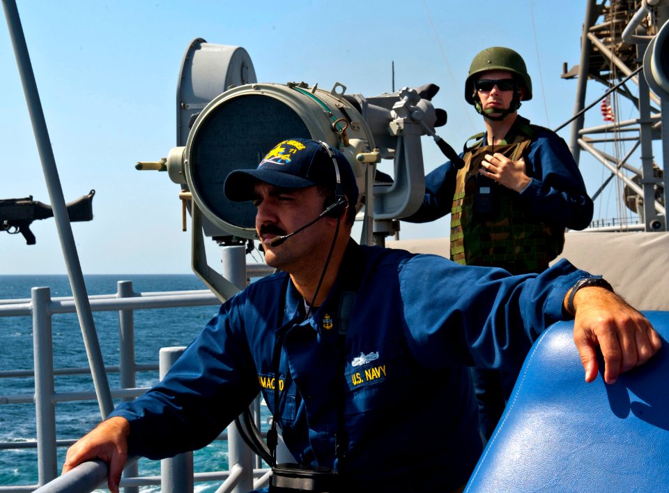 US Navy 120214-N-VY256-102 Chief Fire Controlman Timothy Camacho stands watch aboard the Ticonderoga-class guided-missile cruiser USS Cape St. Geor