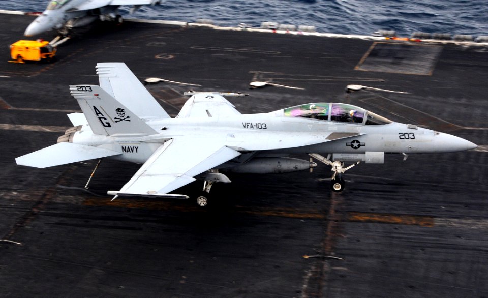 US Navy http-www.navy.mil-management-photodb-photos-100603-N-4236E-096 An F-A-18F Super Hornet prepares to catch the arresting cable aboard USS Dwight D. Eisenhower (CVN 69)