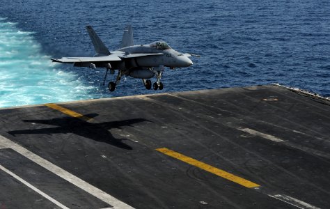 US Navy 120216-N-VO377-419 An F-A-18E Super Hornet assigned to the Kestrels of Strike Fighter Squadron (VFA) 137 approaches the flight deck of the