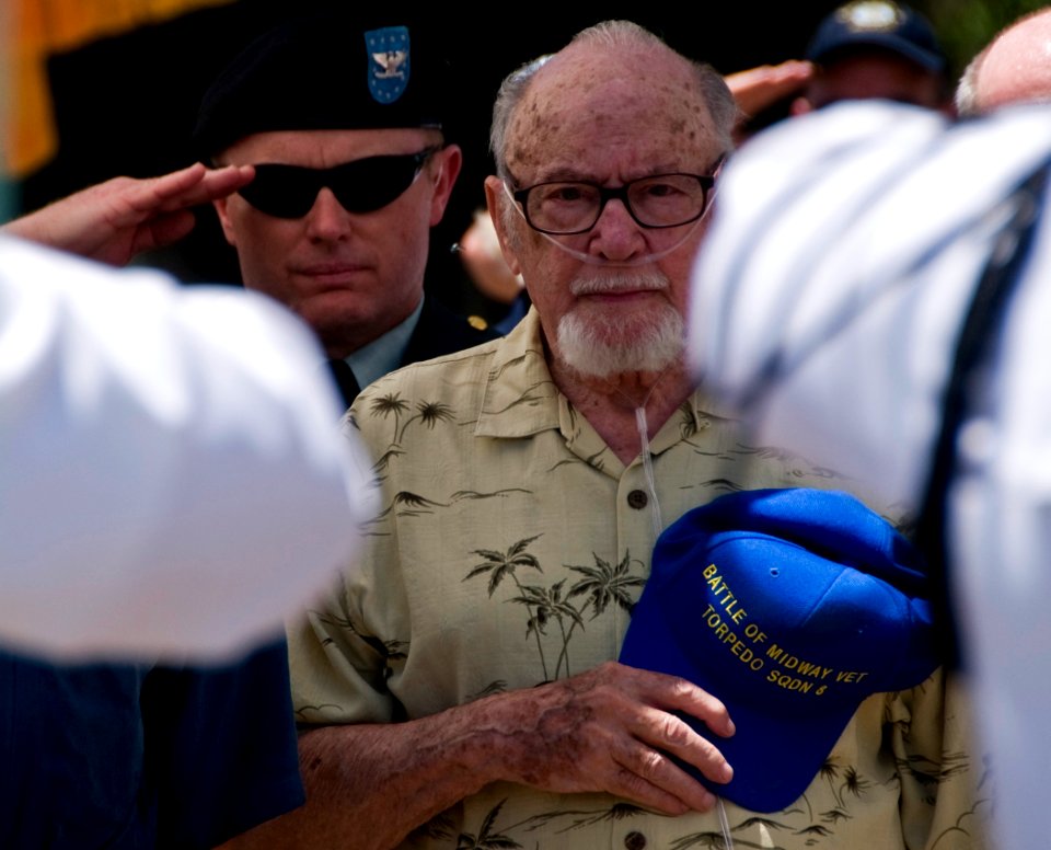 US Navy http-www.navy.mil-management-photodb-photos-100602-N-7498L-091 Battle of Midway veteran George Bernstein, right, salutes the colors during the Battle of Midway ceremony at the Midway atoll