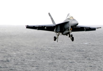 US Navy http-www.navy.mil-management-photodb-photos-100603-N-4236E-086 An F-A-18F Super Hornet prepares to catch the arresting cable aboard USS Dwight D. Eisenhower (CVN 69)