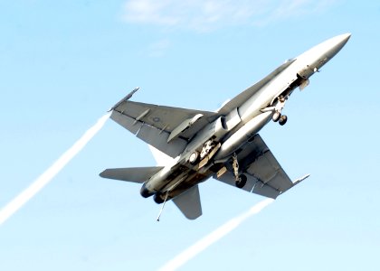 US Navy http-www.navy.mil-management-photodb-photos-100603-N-3620B-026 An F-A-18E Super Hornet flies over USS Enterprise (CVN 65)