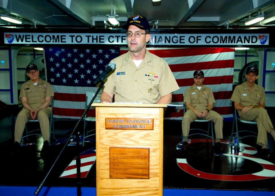 US Navy http-www.navy.mil-management-photodb-photos-100528-N-6720T-030 Vice Adm. John M. Bird, commander of U.S. 7th Fleet, speaks during a change of command ceremony aboard the aircraft carrier USS George Washington (CVN 73)