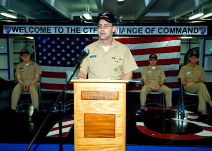 US Navy http-www.navy.mil-management-photodb-photos-100528-N-6720T-030 Vice Adm. John M. Bird, commander of U.S. 7th Fleet, speaks during a change of command ceremony aboard the aircraft carrier USS George Washington (CVN 73)