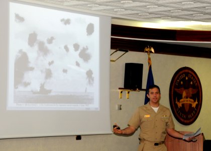 US Navy http-www.navy.mil-management-photodb-photos-100604-N-8288P-009 Lt. Cmdr. Kenneth Klima, assigned to U.S. 6th Fleet Headquarters, Naples, presents the highlights of the Battle of Midway during a 68th anniversary event photo