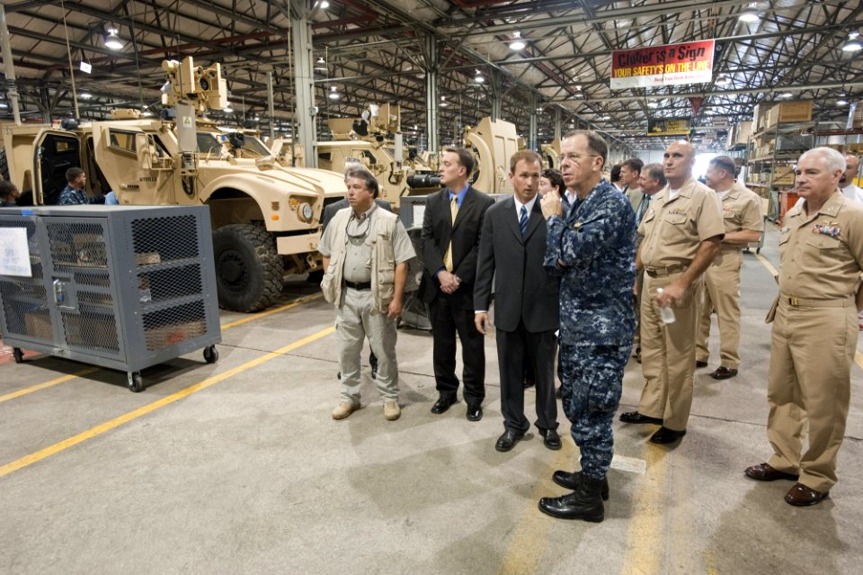 US Navy http-www.navy.mil-management-photodb-photos-100603-0-9999X-002 Chairman of the Joint Chiefs of Staff Adm. Mike Mullen at the Mine Resistant Ambush Protected (MRAP) vehicle integration facility