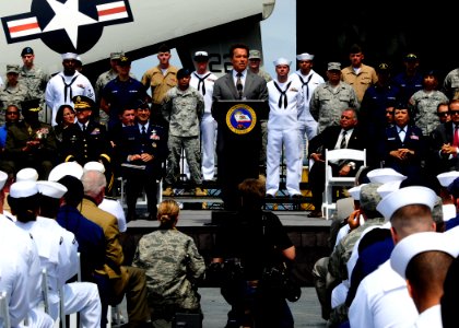 US Navy http-www.navy.mil-management-photodb-photos-100603-N-8607R-071 California Governor Arnold Schwarzenegger addresses veterans aboard the USS Midway Museum