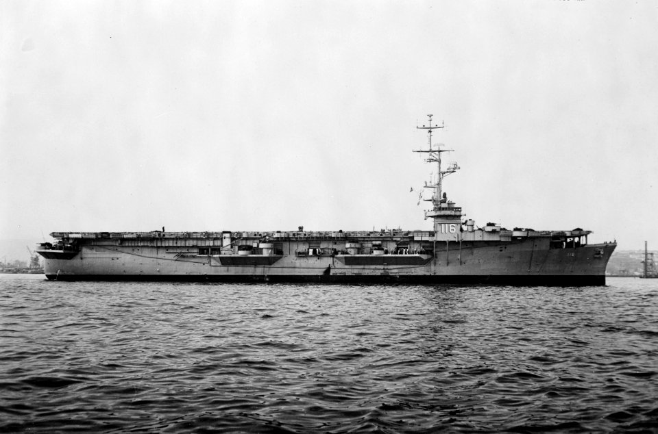 USS Badoeng Strait (CVE-116) off the San Francisco Naval Shipyard on 16 January 1956