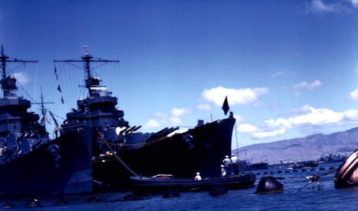 USS Astoria (CA-34) and USS Minneapolis (CA-36) moored in Pearl Harbor, Hawaii, in late June 1942 (80-G-K-452)