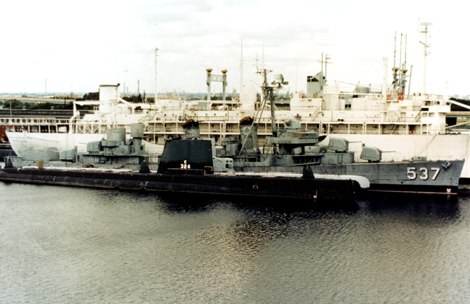 USS Blenny (SS-324), USS The Sullivans (DD-537) and USS Sanctuary (AH-17) mothballed at the Philadelphia Naval Shipyard, in August 1976 (K-117045)