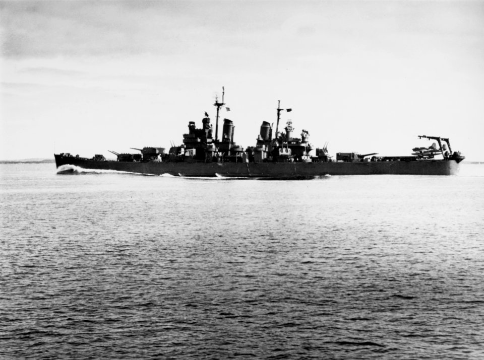 USS Boston (CA-69) steaming at high speed, circa in October 1943 (NH 92449)