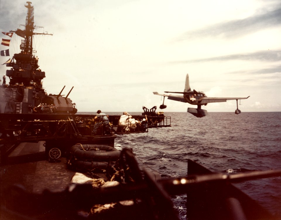 USS Biloxi (CL-80) catapults a Curtiss SO3C Seamew in 1943