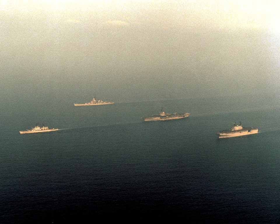 USS Coral Sea (CV-43), USS Iowa (BB-61), USS Nassau (LHA-4) and USS Belknap (CG-26) underway off the coast of Lebanon on 16 August 1989 (6452211)