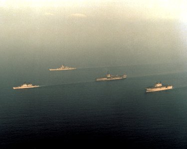 USS Coral Sea (CV-43), USS Iowa (BB-61), USS Nassau (LHA-4) and USS Belknap (CG-26) underway off the coast of Lebanon on 16 August 1989 (6452211)