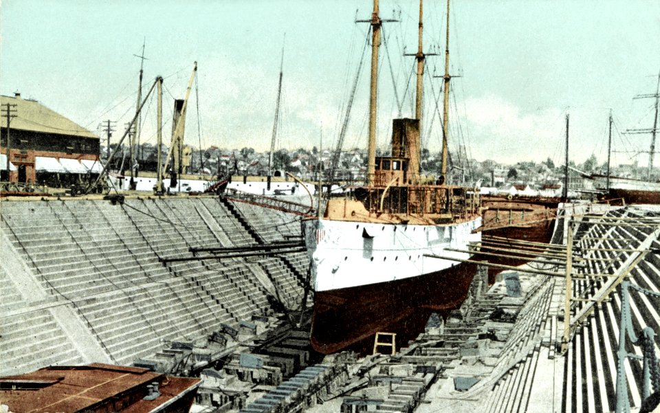 USS Bennington (PG-4) in drydock at the Mare Island Naval Shipyard, California (USA), circa 1894-1898 (NH 100931-KN)