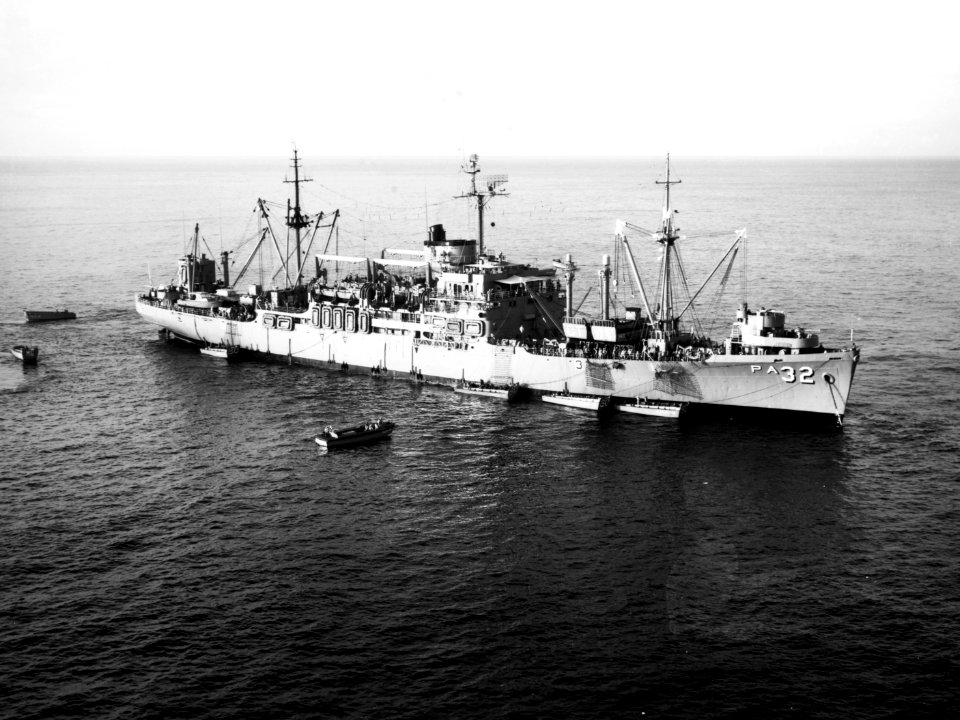 USS Calvert (APA-32) at anchor in the Philippines, 30 May 1964 (NH 107715)