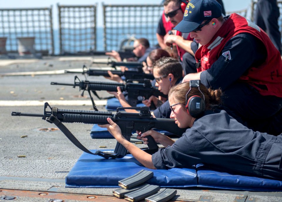 USS Bulkeley (DDG-84) sailors participating in small arms qualification training (160210-N-AO823-087)
