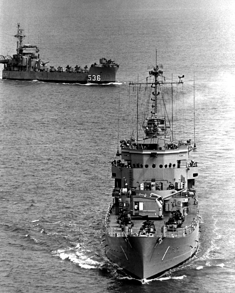 USS Carronade (IFS-1) and USS White River (LSMR-536) underway off Da Nang, Vietnam, in 1967 (L45-43.08.02)