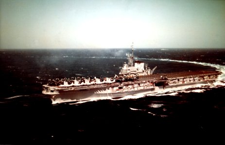 USS Coral Sea (CVA-43) maneuvers at high speed on 28 July 1955