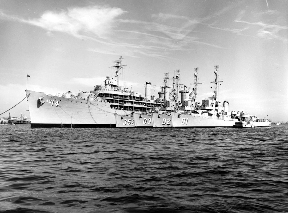 USS Dixie (AD-14) and four destroyer escorts at anchor at San Diego, California (USA), in March 1957 (80-G-1013561)