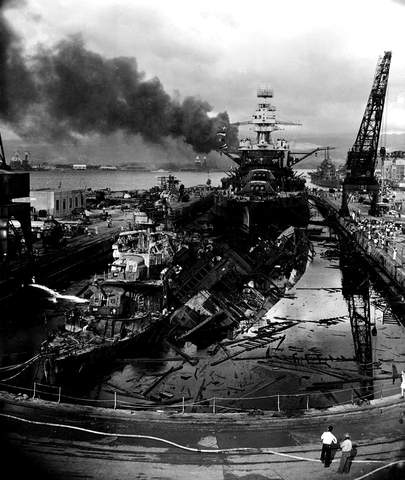 USS Downes (DD-375), USS Cassin (DD-372) and USS Pennsylvania (BB-38) in Dry Dock No. 1 at the Pearl Harbor Naval Shipyard, 7 December 1941 (306533)