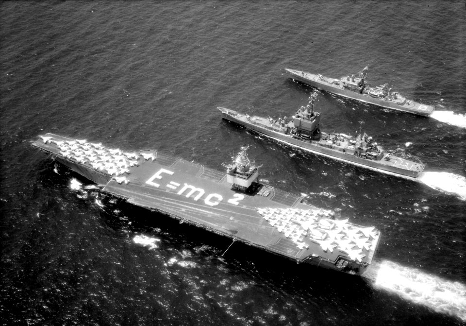 USS Enterprise (CVAN-65), USS Long Beach (CGN-9) and USS Bainbridge (DLGN-25) underway in the Mediterranean Sea during Operation Sea Orbit, in 1964 NH 98108)
