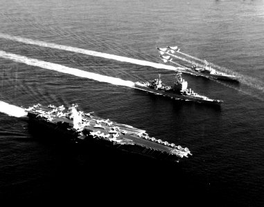 USS Enterprise (CVAN-65), USS Long Beach (CGN-9) and USS Bainbridge (DLGN-25) underway on 2 October 1964 (KN-29719)