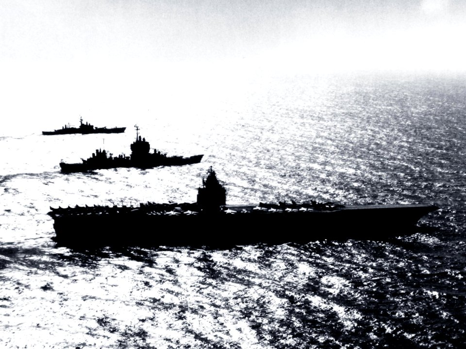 USS Enterprise (CVAN-65), USS Long Beach (CGN-9) and USS Bainbridge (DLGN-25) underway in the Meditearranean Sea, in July 1964 (USN 1103800)