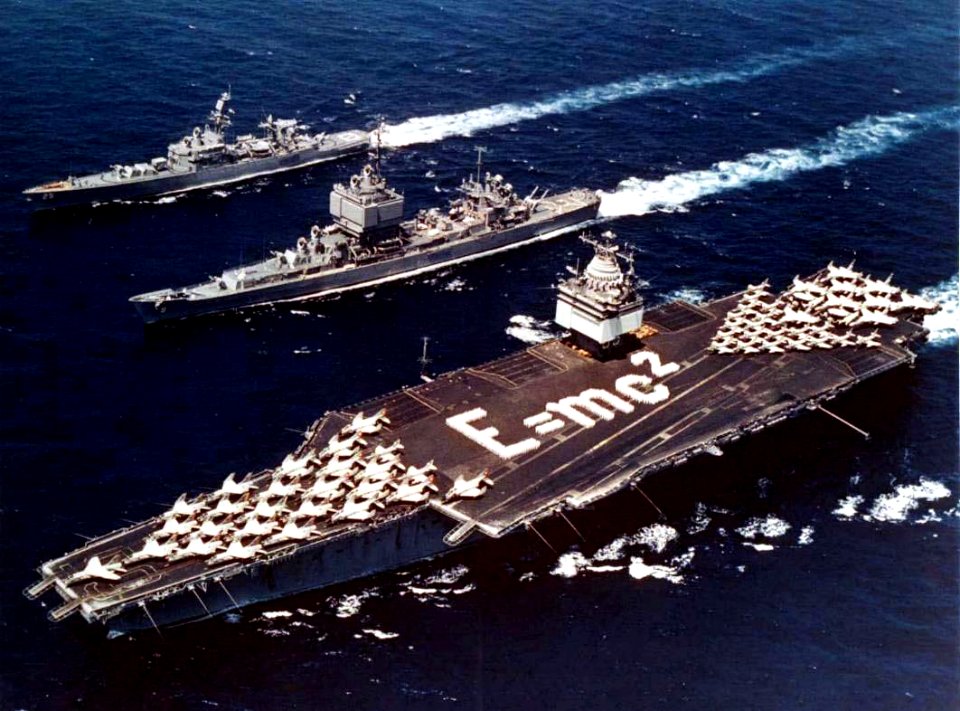 USS Enterprise (CVAN-65), USS Long Beach (CGN-9) and USS Bainbridge (DLGN-25) underway in the Mediterranean Sea during Operation Sea Orbit, in 1964