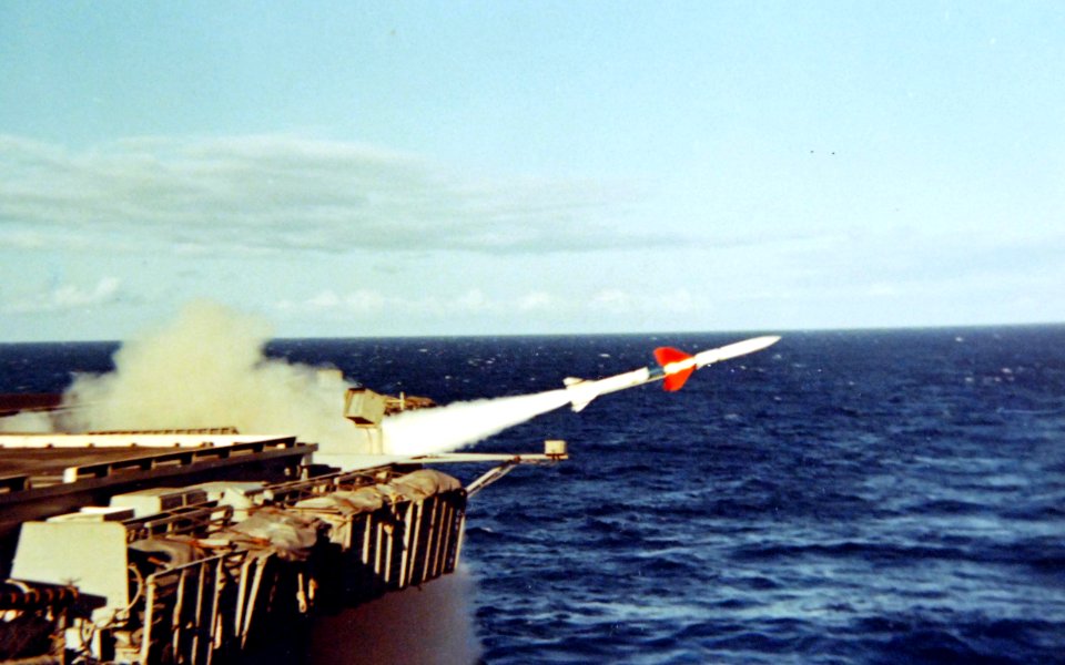 USS Enterprise (CVN-65) Sea Sparrow launch 1976 428-GX-KN-25563