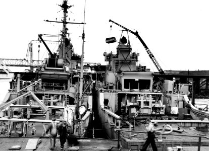USS Force (AM-455) and USS Conquest (AM-488) fitting out at the J.M. Martinac Shipbuilding, Tacoma, Washington (USA), on 26 November 1954 (6933478) photo
