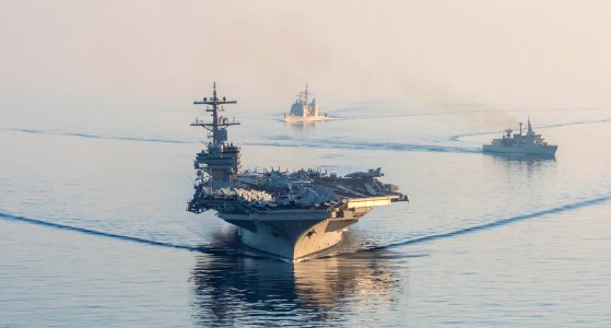 USS George H.W. Bush (CVN-77), USS Philippine Sea (CG-58) and Greek frigate Kountouriotis (F-462) undeway in the Mediterranean Sea on 5 March 2017 (170305-N-KB401-103)