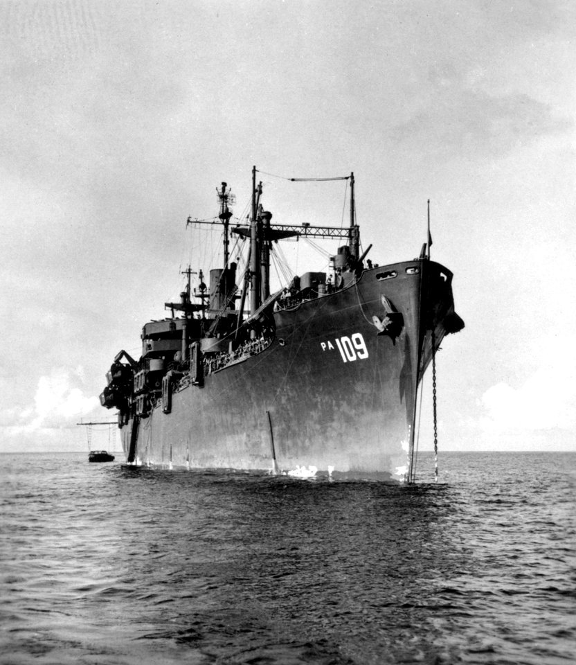USS Grafton (APA-109) anchored in the Kossol Passage, Palau, 14 May 1945