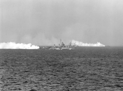 USS Gleaves (DD-423) laying smoke during the invasion of Southern France on 18 August 1944