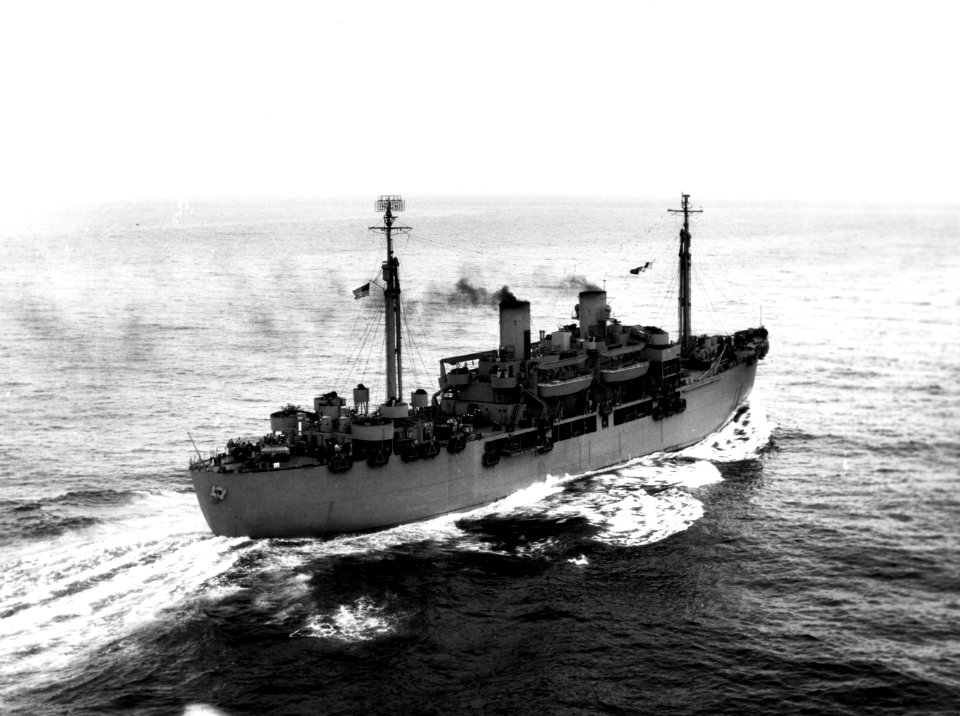USS Gilliam (APA-57) underway at sea on 28 July 1944 (80-G-242729)