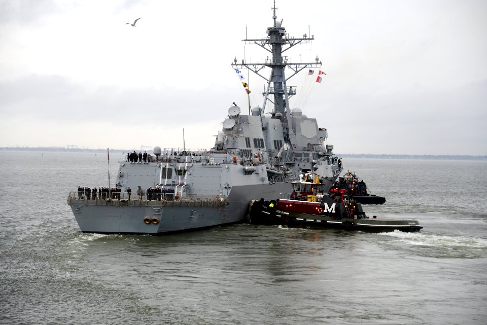 USS Gravely gets underway from Norfolk. (8467238941)
