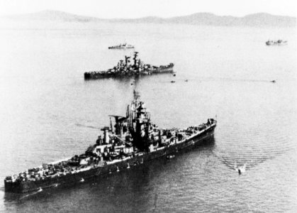 USS Guam (CB-2) and USS Alaska (CB-1) at anchor off the coast of China in 1945