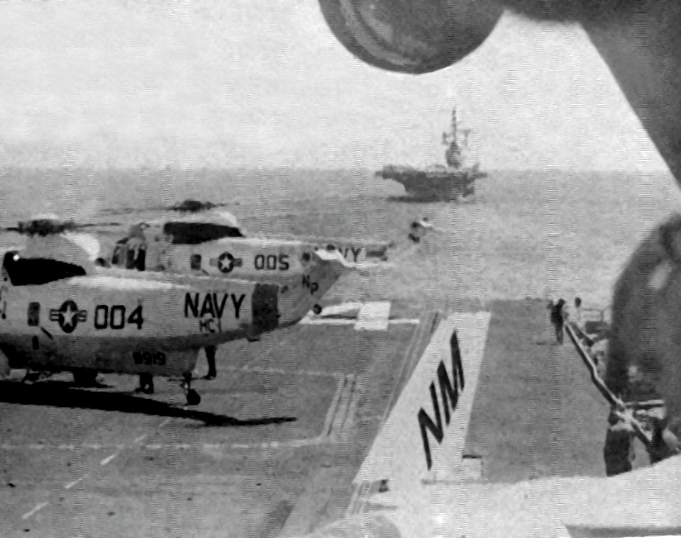 USS Hancock (CVA-19) and USS Oriskany (CVA-34) underway in the Indian Ocean on 8 December 1973
