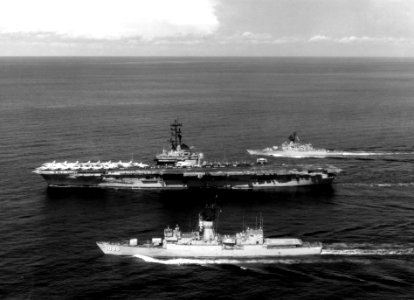 USS Hancock (CV-19) with Bronstein (FF-1037) and Brewton (FF-1086) 1975