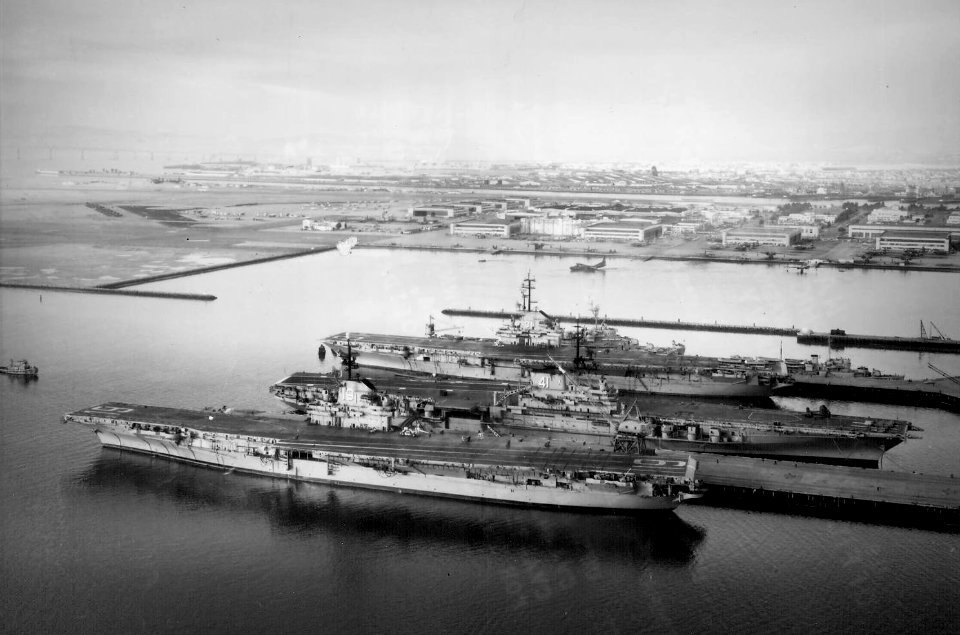 USS Hancock (CVA-19) Bon Homme Richard (CVA-31) and Midway (CVA-41) at NAS Alameda 1958