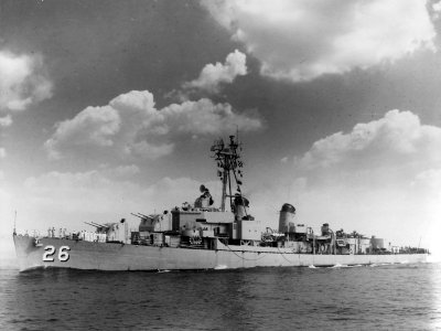 USS Harry F. Bauer (DM-26) underway during the 1950s (NH 95369)