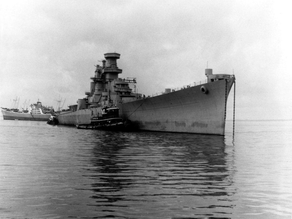 USS Hawaii (CB-3) being towed away for scrapping on 20 June 1959 (NH 89293)