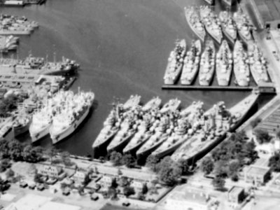 USS Hawaii (CB-3) and other cruisers in reserve at the Philadelphia Naval Shipyard on 19 May 1955 (80-G-668655)