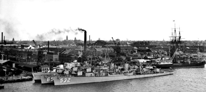 USS Heermann (DD-532) and USS Charles J. Badger (DD-657) at HMNB Portsmouth (UK) on 15 July 1953 (80-G-626623)